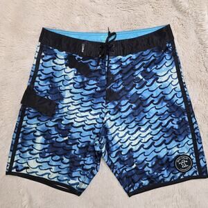Da Hui Hawaii Men’s Size 34 Blue Wave Boardshorts Swim Trunks Stretch
